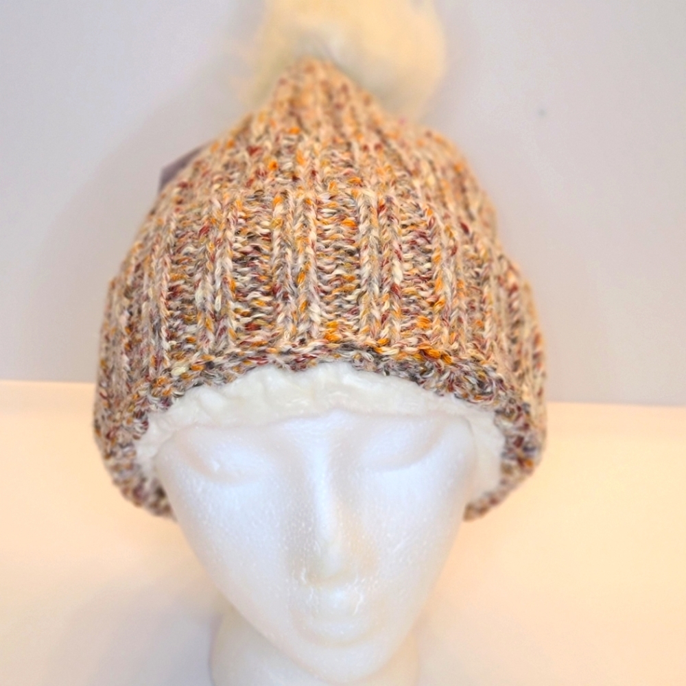 Warm Beanie Tan Mix color Nit Pom Pom Velour lined Beanie… - Picture 4 of 6